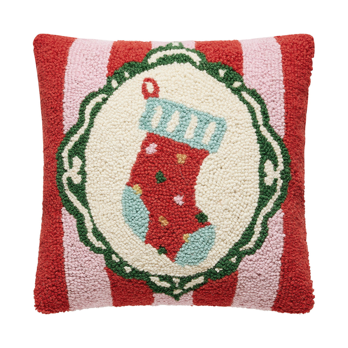 Holiday Frames Hooked Wool Christmas Throw Pillow, 14x14 inch, front view