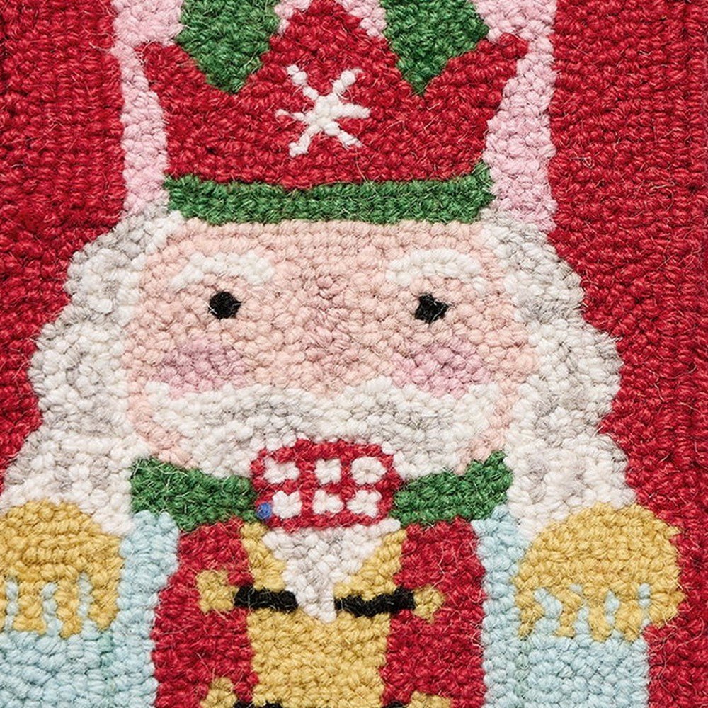 Closeup of Holiday Frames Nutcracker Hooked Wool Christmas Stocking showing stitch texture and craftsmanship detail