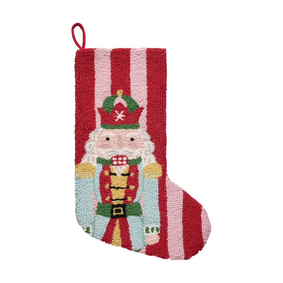 Holiday Frames Nutcracker Hooked Wool Christmas Stocking, 12x20 inch, front view