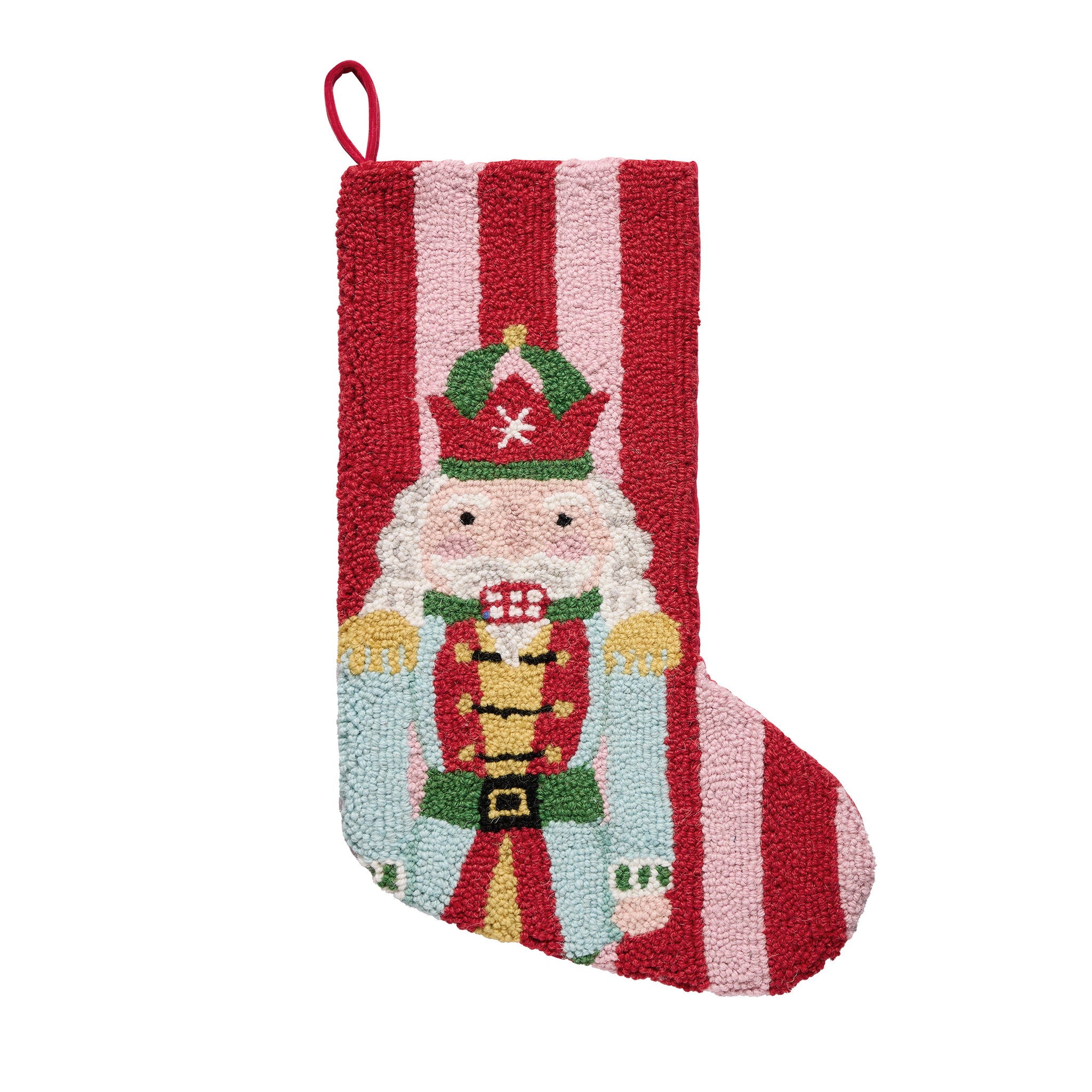 Holiday Frames Nutcracker Hooked Wool Christmas Stocking, 12x20 inch, front view