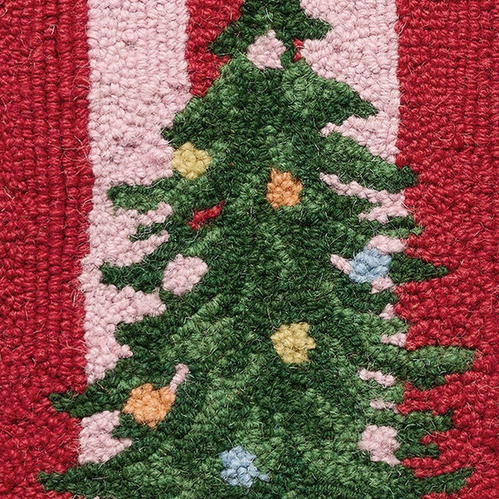 Closeup of Holiday Frames Tree Hooked Wool Christmas Stocking showing stitch texture and craftsmanship detail