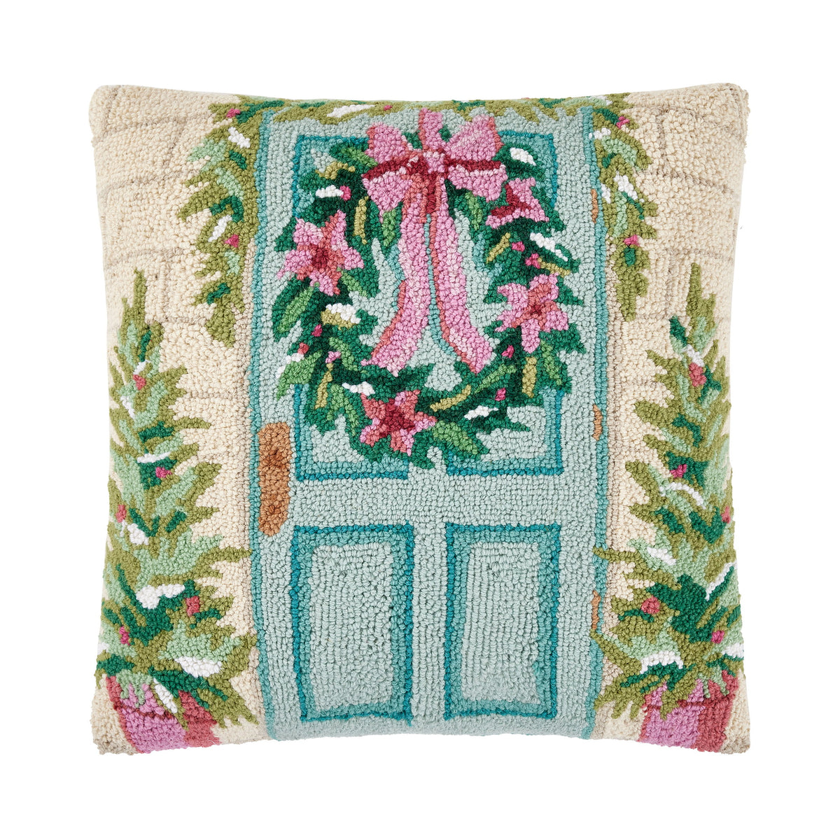 Holiday Front Porch Hooked Wool Christmas Throw Pillow, 20x20 inch, front view