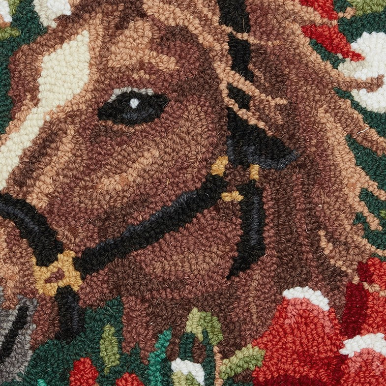 Holiday Horse Hooked Wool Christmas Throw Pillow, close-up detail