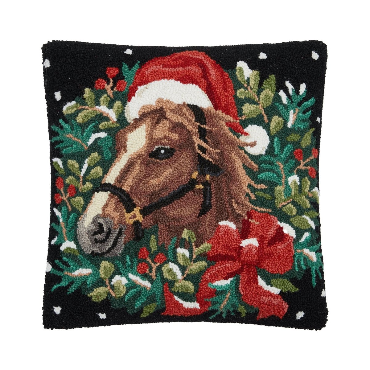 Holiday Horse Hooked Wool Christmas Throw Pillow, 18x18 inch, front view