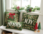 Holiday Joy Hooked Wool Christmas Throw Pillow shown alongside other designs in the same collection, 16x16 inch