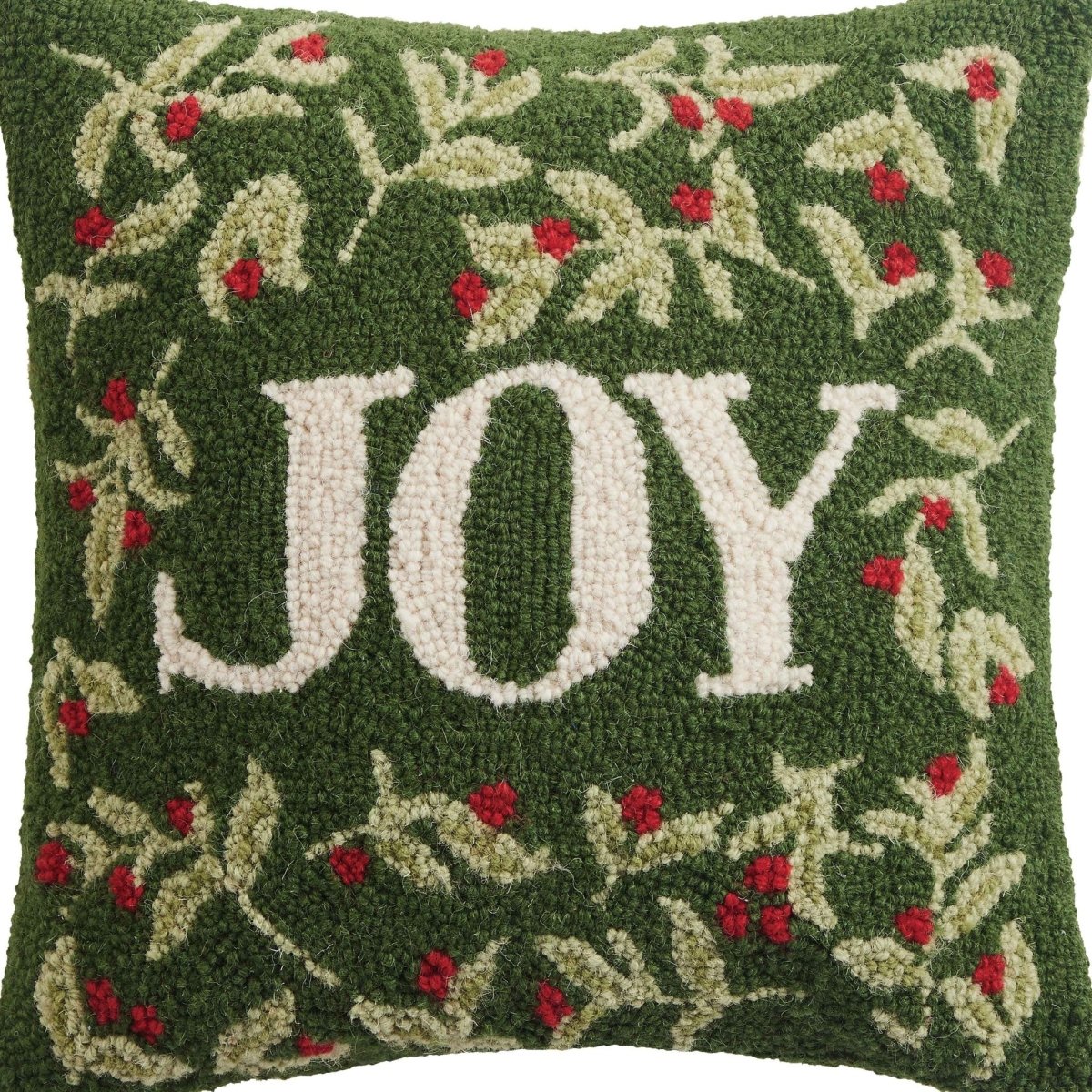 Holiday Joy Hooked Wool Christmas Throw Pillow, close-up detail
