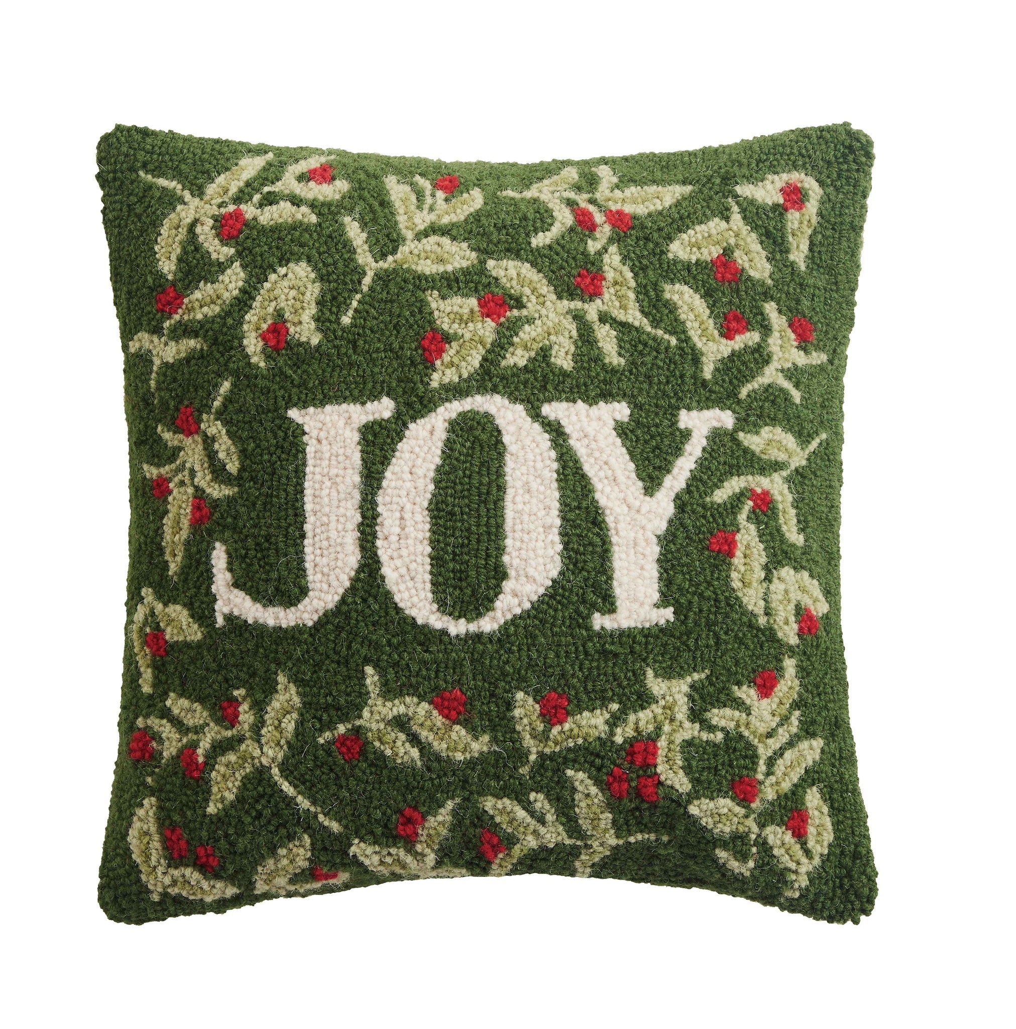 Holiday Joy Hooked Wool Christmas Throw Pillow, 16x16 inch, front view