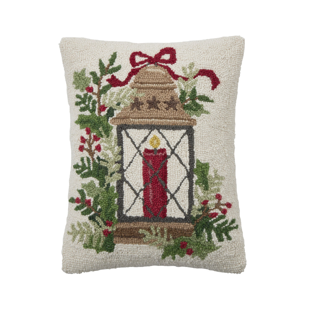 Holiday Lantern Hooked Wool Christmas Throw Pillow, 14x18 inch, front view