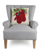 Holiday Mitten Hooked Wool Christmas Throw Pillow on an armchair, showing the throw pillow at room scale, 18x18 inch