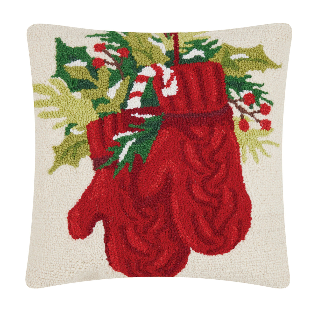 Holiday Mitten Hooked Wool Christmas Throw Pillow, 18x18 inch, front view
