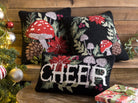 Holiday Mushrooms Cheer Hooked Wool Christmas Throw Pillow shown alongside other designs in the same collection, 9x16 inch