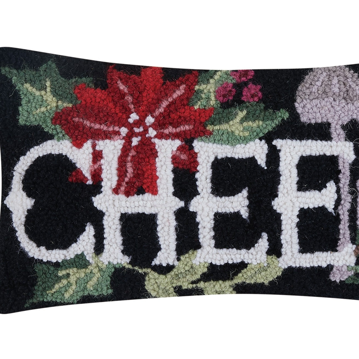 Holiday Mushrooms Cheer Hooked Wool Christmas Throw Pillow, close-up detail