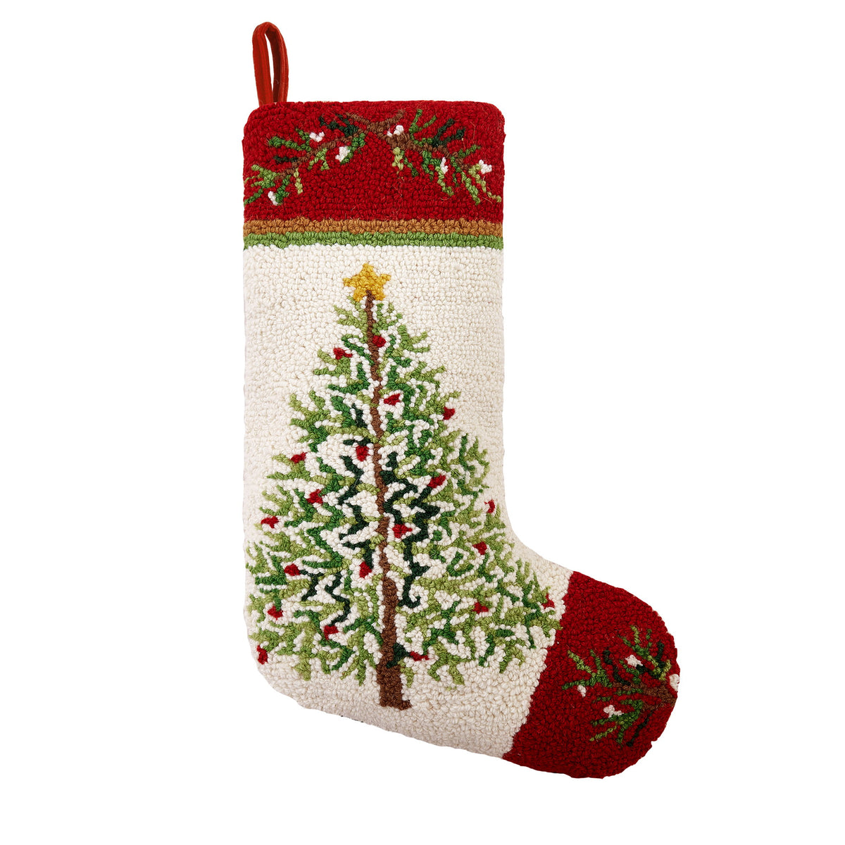 Holiday Pine Hooked Wool Christmas Stocking, 12x20 inch, front view