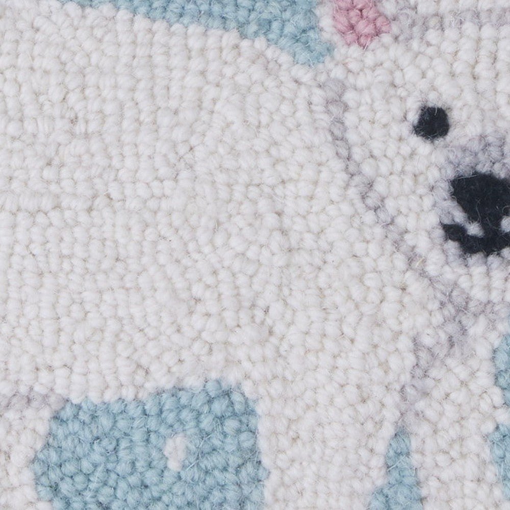 Closeup of Holiday Polar Bear Hooked Wool Christmas Throw Pillow showing stitch texture and craftsmanship detail