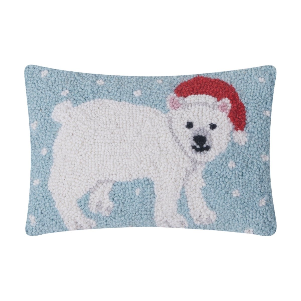 Holiday Polar Bear Hooked Wool Christmas Throw Pillow, 8x12 inch, front view
