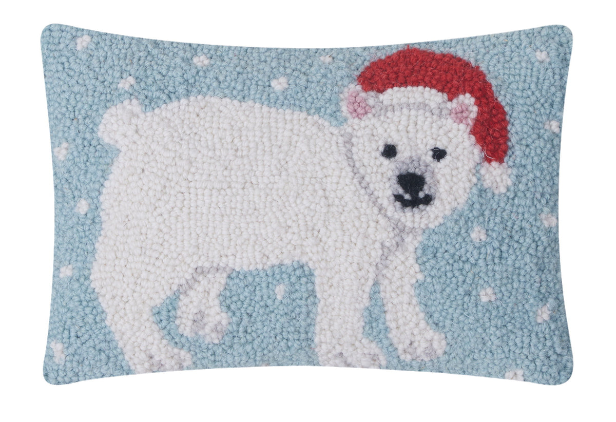 Holiday Polar Bear Hooked Wool Christmas Throw Pillow, 8x12 inch, front view