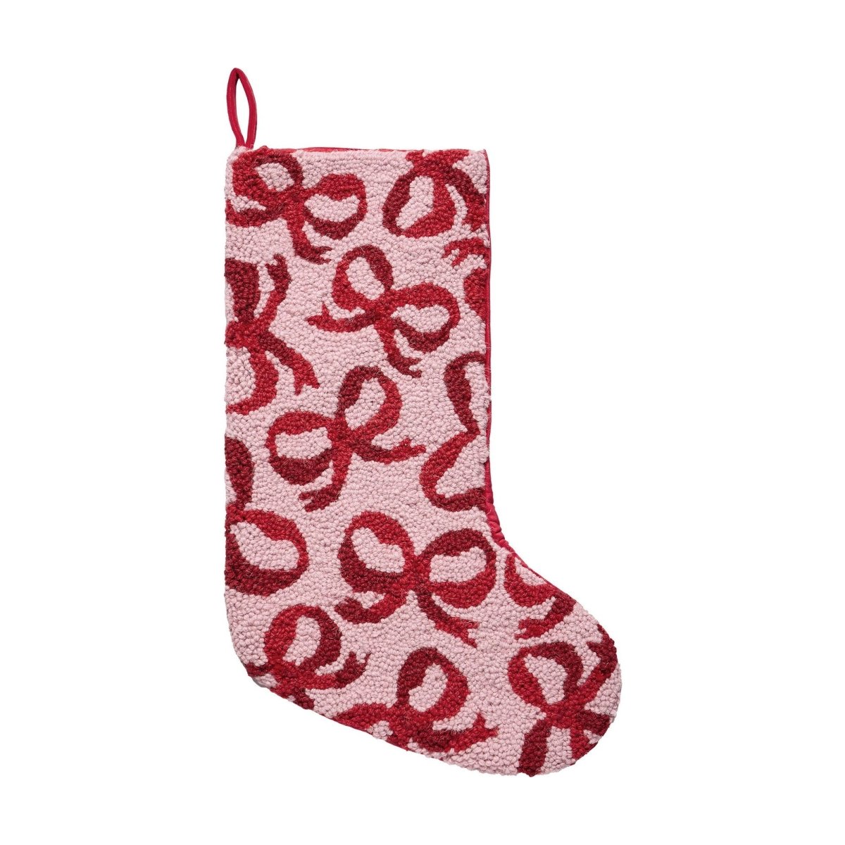 Holiday Red Bow Hooked Wool Christmas Stocking, 12x20 inch, front view
