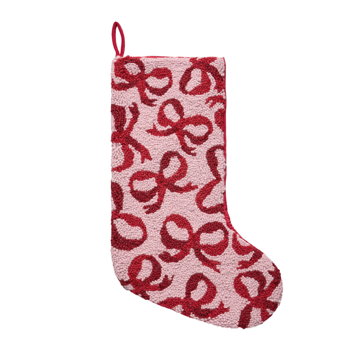 Holiday Red Bow Hooked Wool Christmas Stocking, 12x20 inch, front view