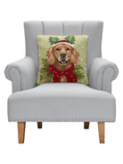 Holiday Retriever Hooked Wool Christmas Throw Pillow on an armchair, showing the throw pillow at room scale, 18x18 inch