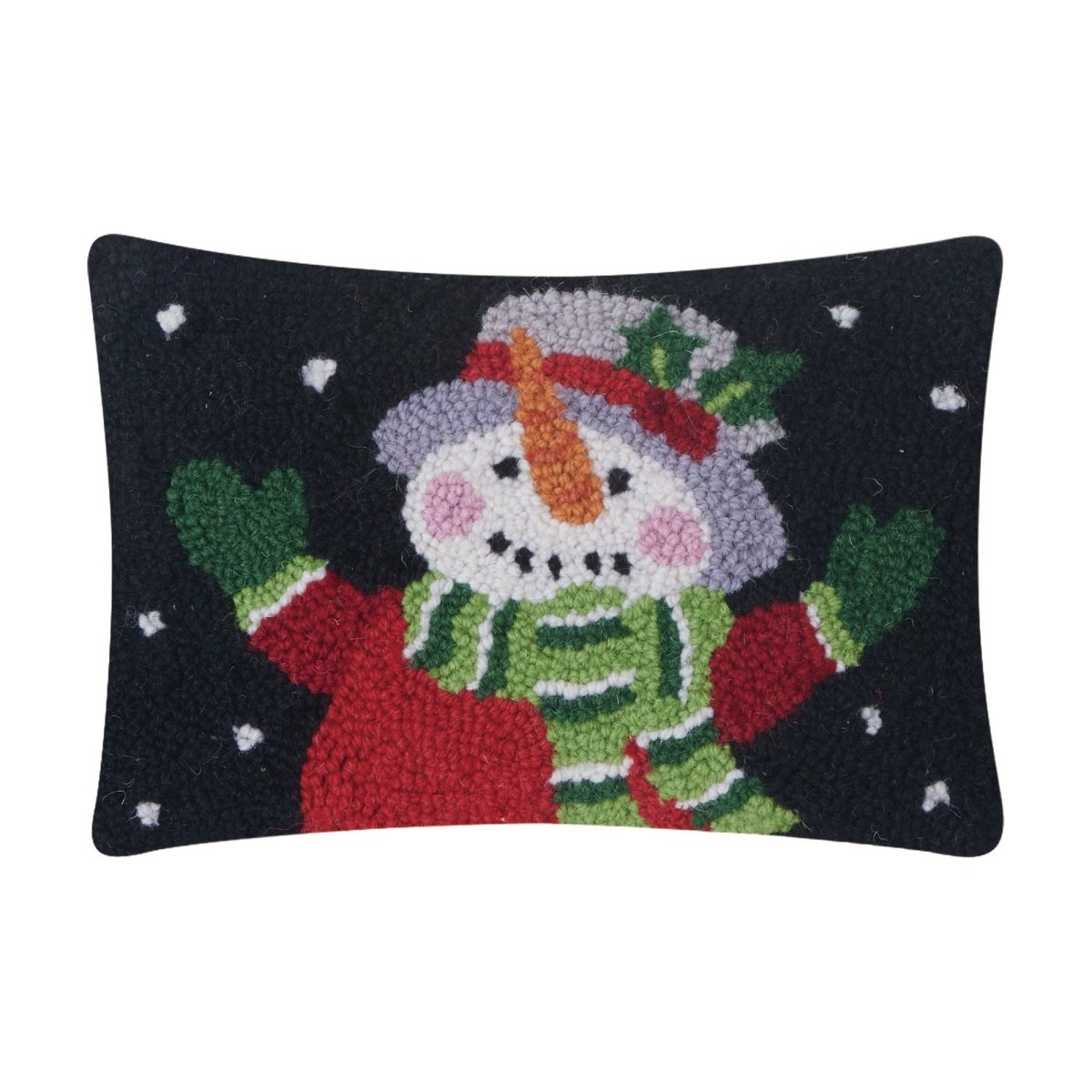 Holiday Snowman Hooked Wool Christmas Throw Pillow, 8x12 inch, front view