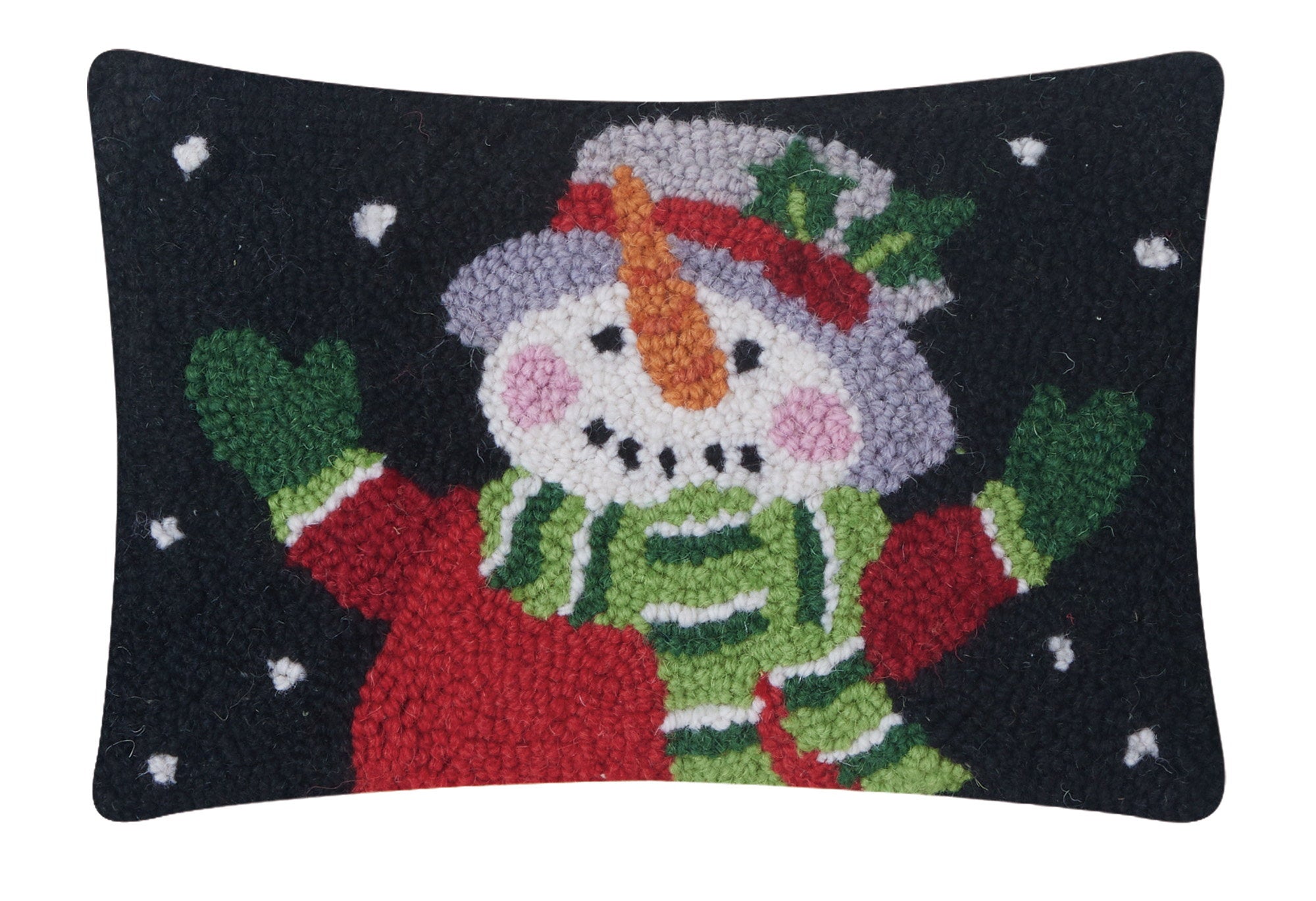 Holiday Snowman Hooked Wool Christmas Throw Pillow, 8x12 inch, front view