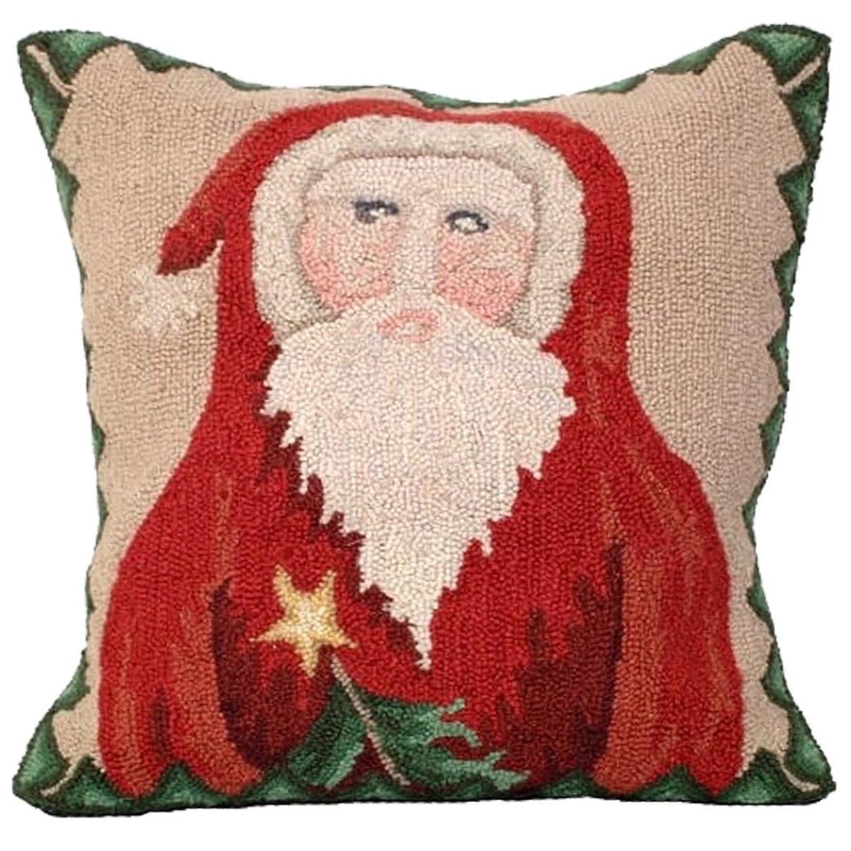 St Nick Santa hooked wool throw pillow with festive holiday seasonal design