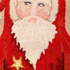 Closeup of Holiday St Nick Santa Star Wool Hooked needlepoint throw pillow highlighting hand-stitched wool craftsmanship and fabric detail