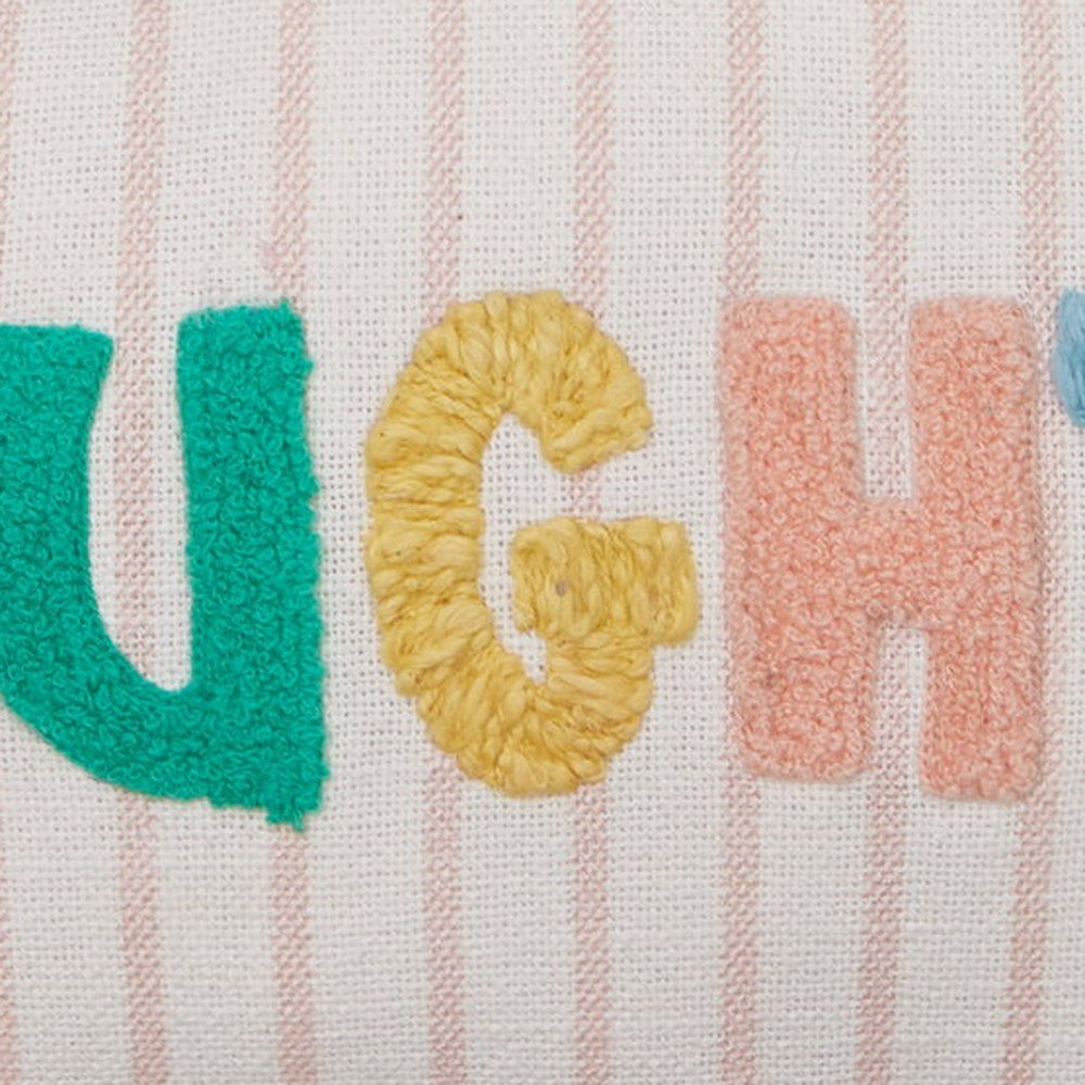 Closeup of Holiday Stripes Naughty/Nice Reversible Embroidered Throw Pillow showing stitch texture and craftsmanship detail