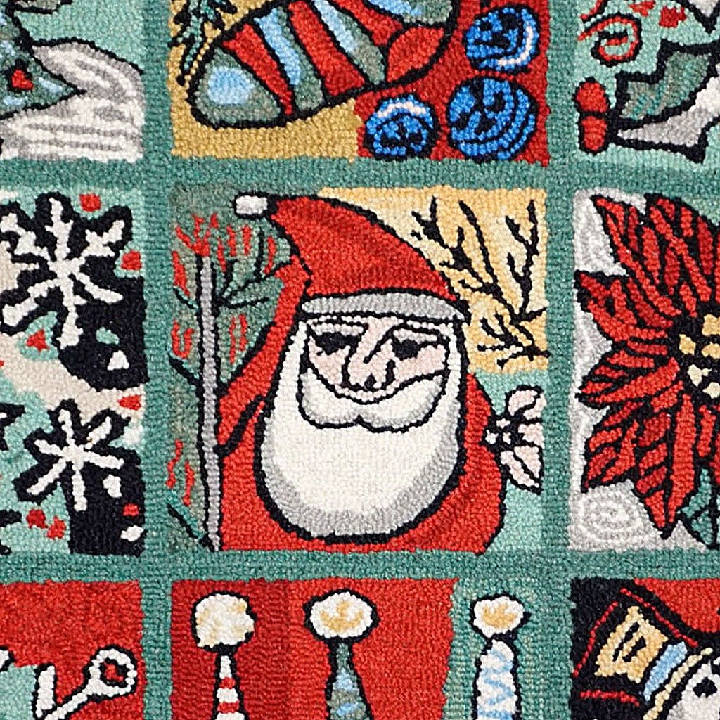 Holiday Windows Santa rug texture closeup showing hand-stitched needlepoint wool fiber detail