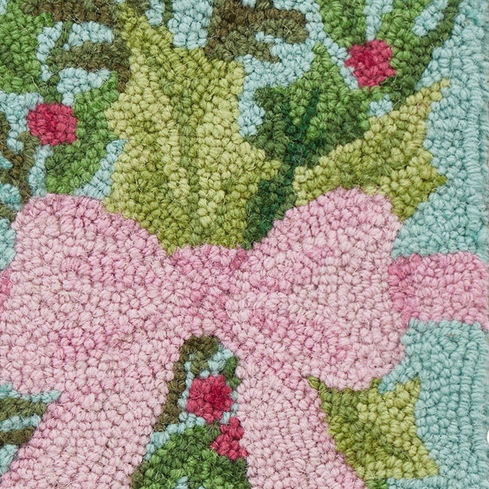 Closeup of Holly Bow Hooked Wool Christmas Stocking showing stitch texture and craftsmanship detail