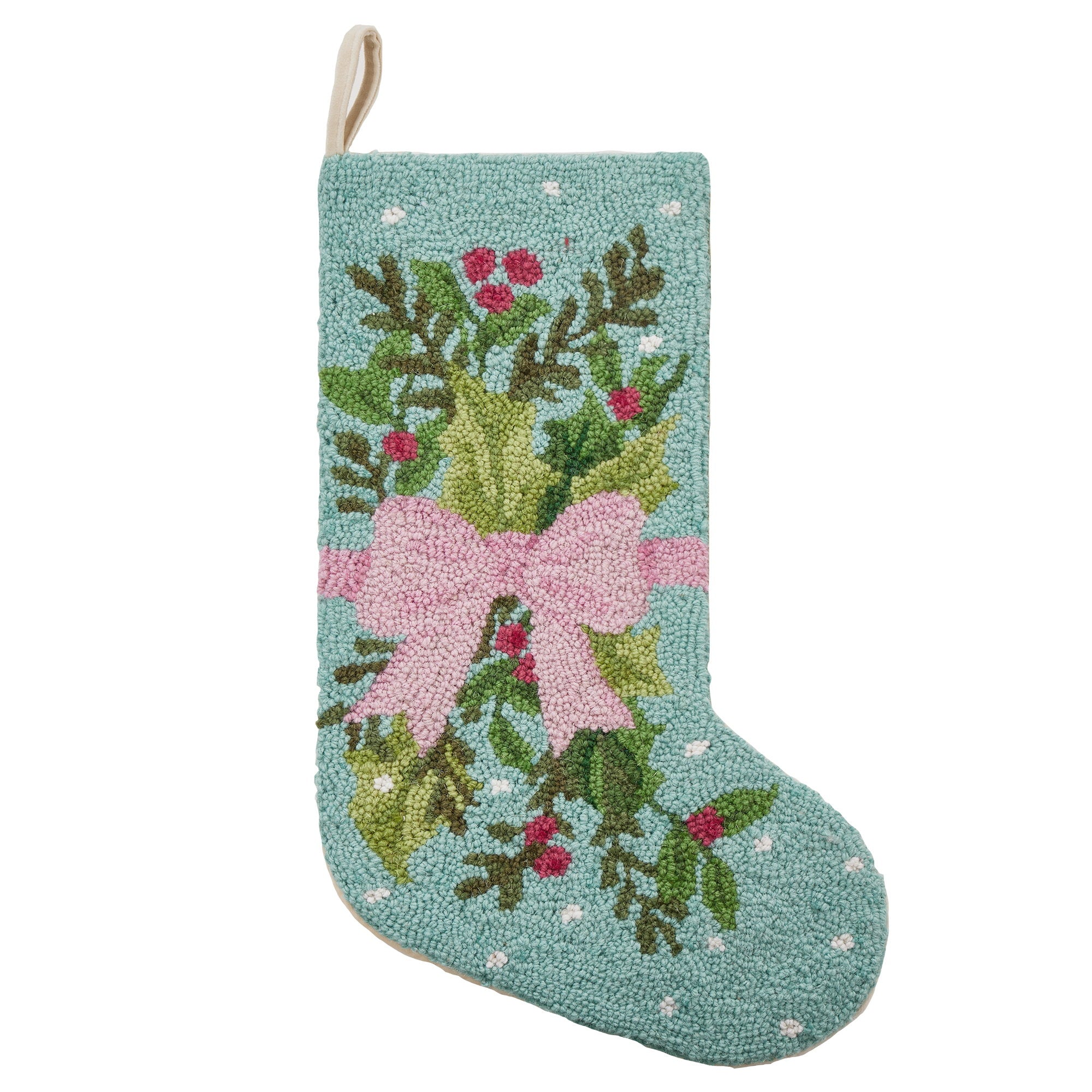 Holly Bow Hooked Wool Christmas Stocking, 12x20 inch, front view