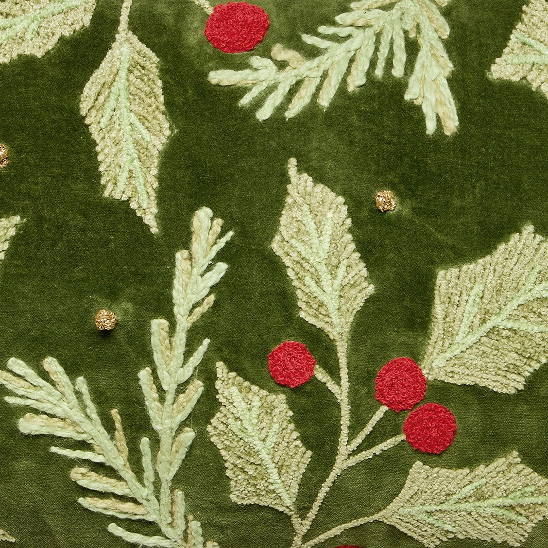Holly Embroidered Christmas Throw Pillow, close-up detail