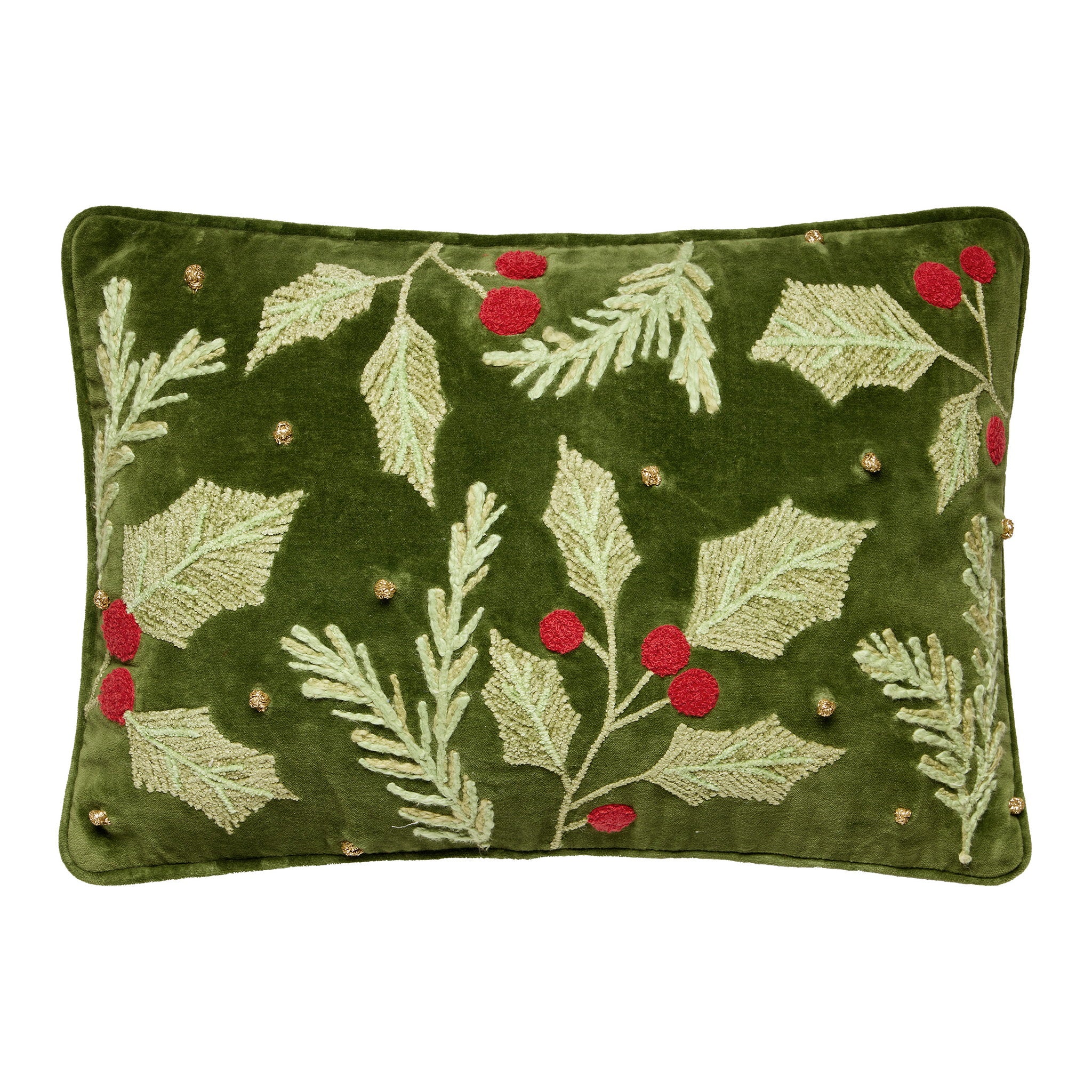 Holly Embroidered Christmas Throw Pillow, 12x18 inch, front view