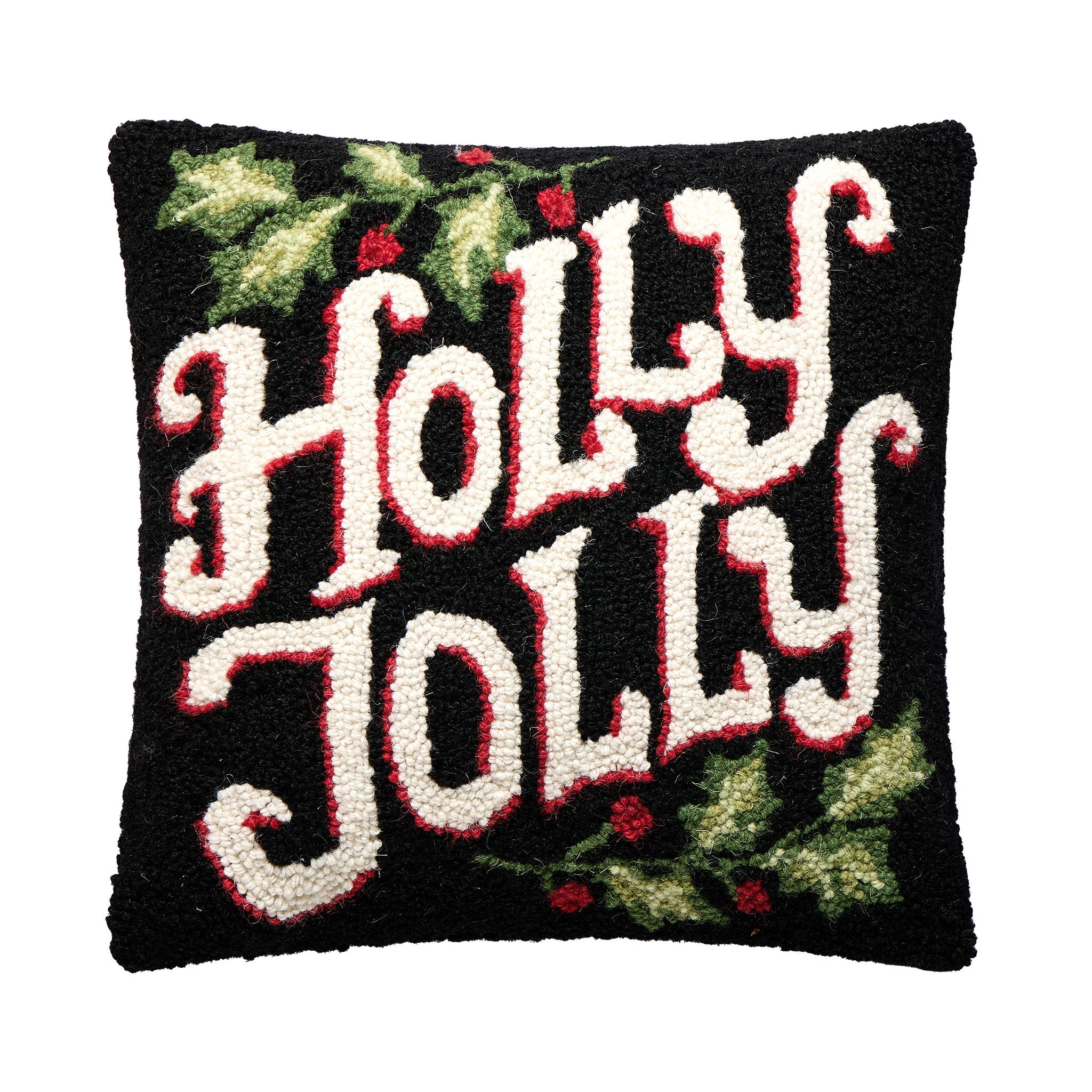Holly Jolly Hooked Wool Christmas Throw Pillow, 16x16 inch, front view