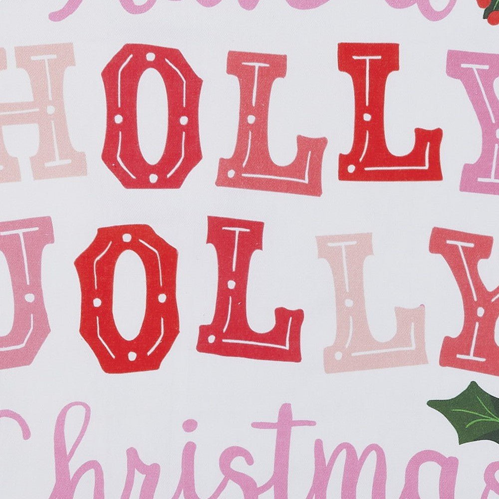 Closeup of Holly Joy with Pom Pom Christmas Kitchen Towel showing print and fabric detail