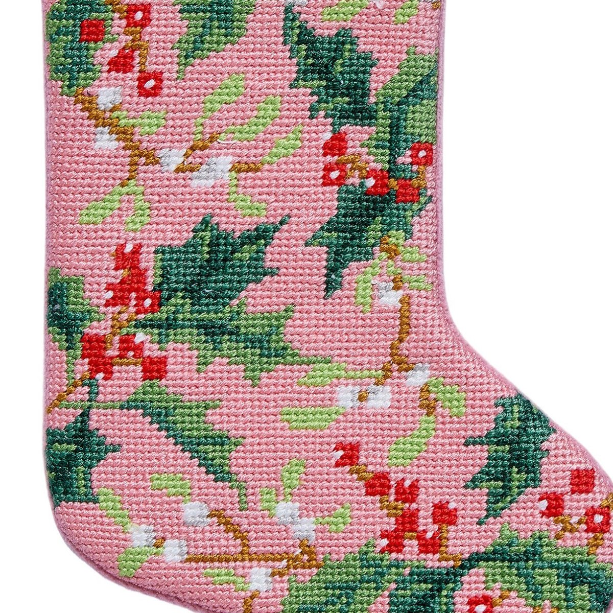 Holly Mini Embroidered Needlepoint Christmas Stocking, close-up detail