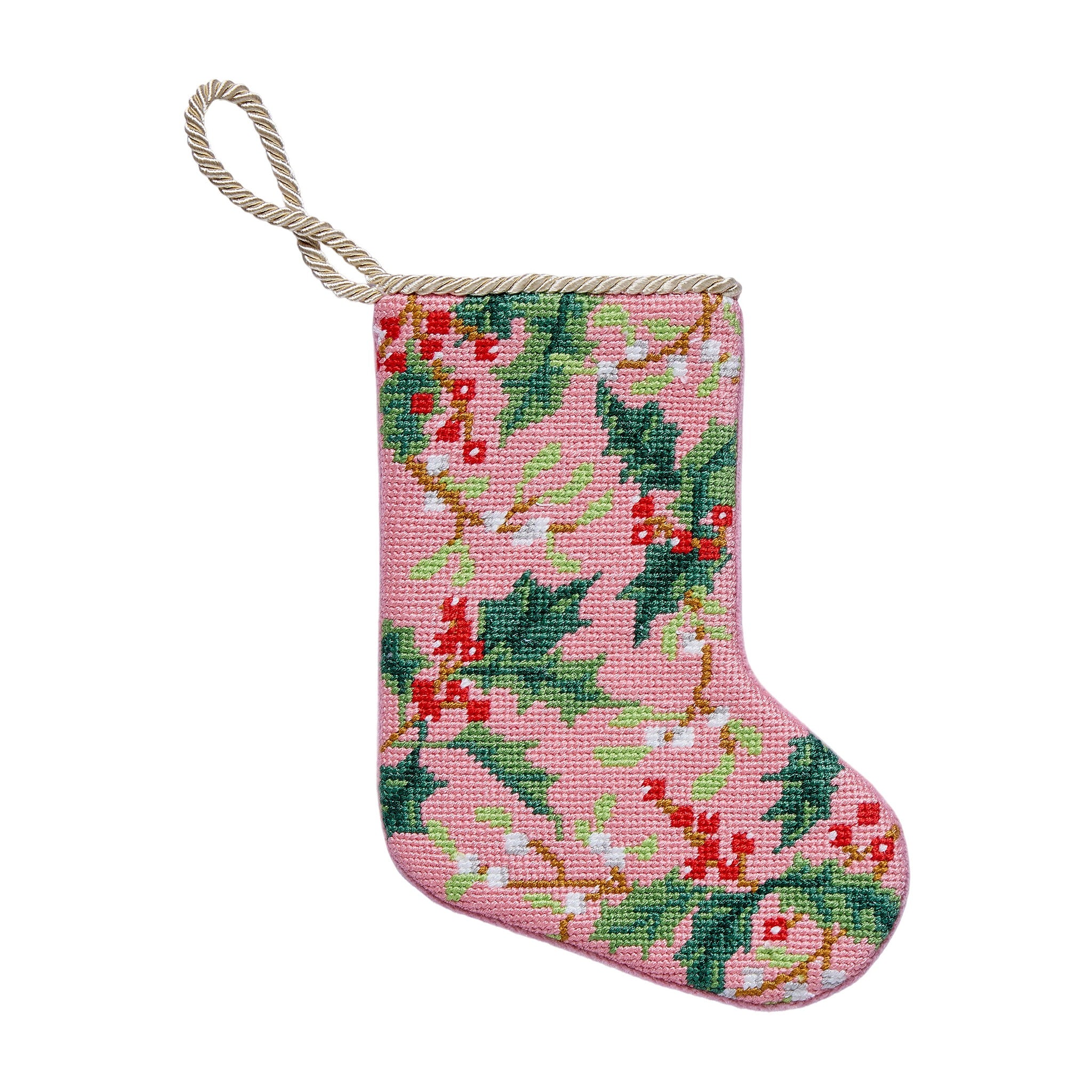 Holly Mini Embroidered Needlepoint Christmas Stocking, 6x4 inch, front view