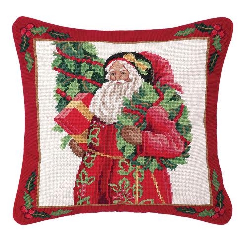 Holly Sparkle Wool Needlepoint Christmas Throw Pillow, 16x16 inch, front view