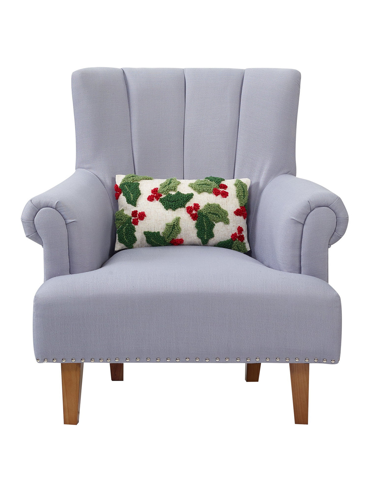 Holly with Berries Hooked Christmas Throw Pillow on an armchair, showing the throw pillow at room scale, 9x16 inch