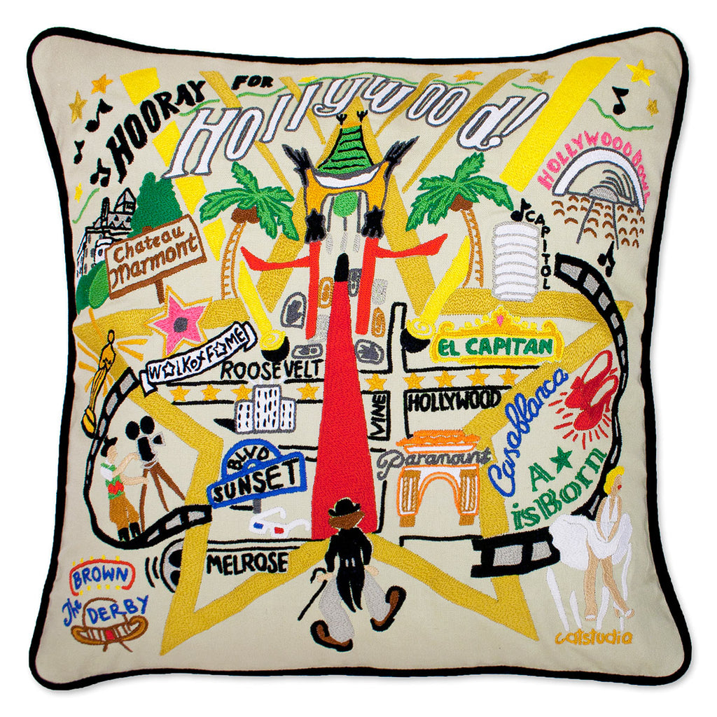 Hollywood, CA Stars City embroidered throw pillow with Hollywood stars.