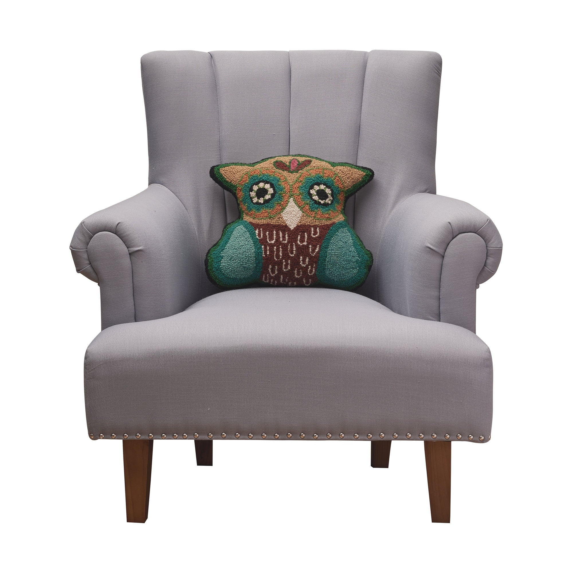 Hootie Hooked Wool Throw Pillow on an armchair, showing the throw pillow at room scale, 14x16 inch