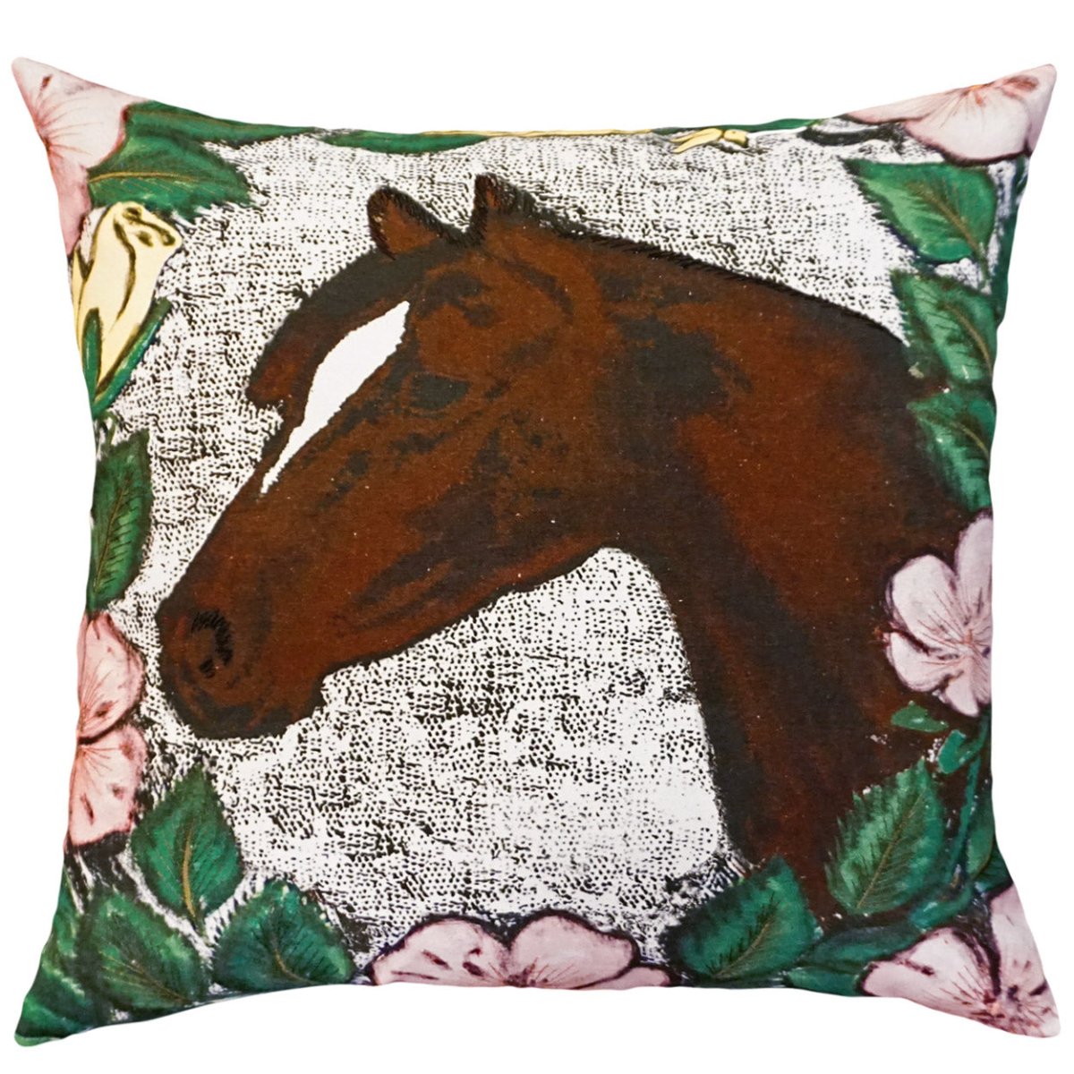 Horse Roses Equestrian needlepoint throw pillow with botanical floral design