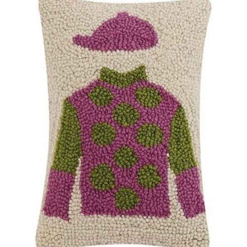 Horseshirt Pink & Green Hooked Wool Throw Pillow, close-up detail