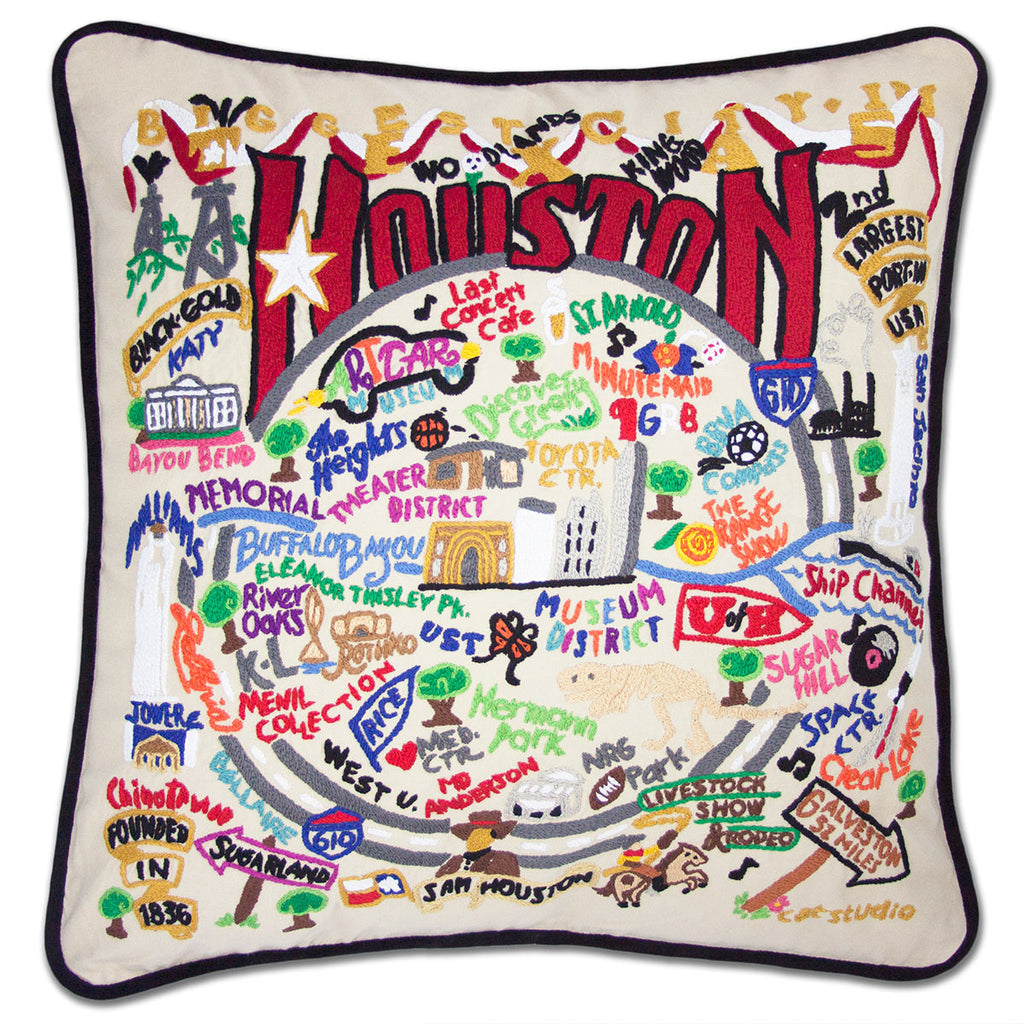 Houston, TX Space City embroidered throw pillow with space-themed design.
