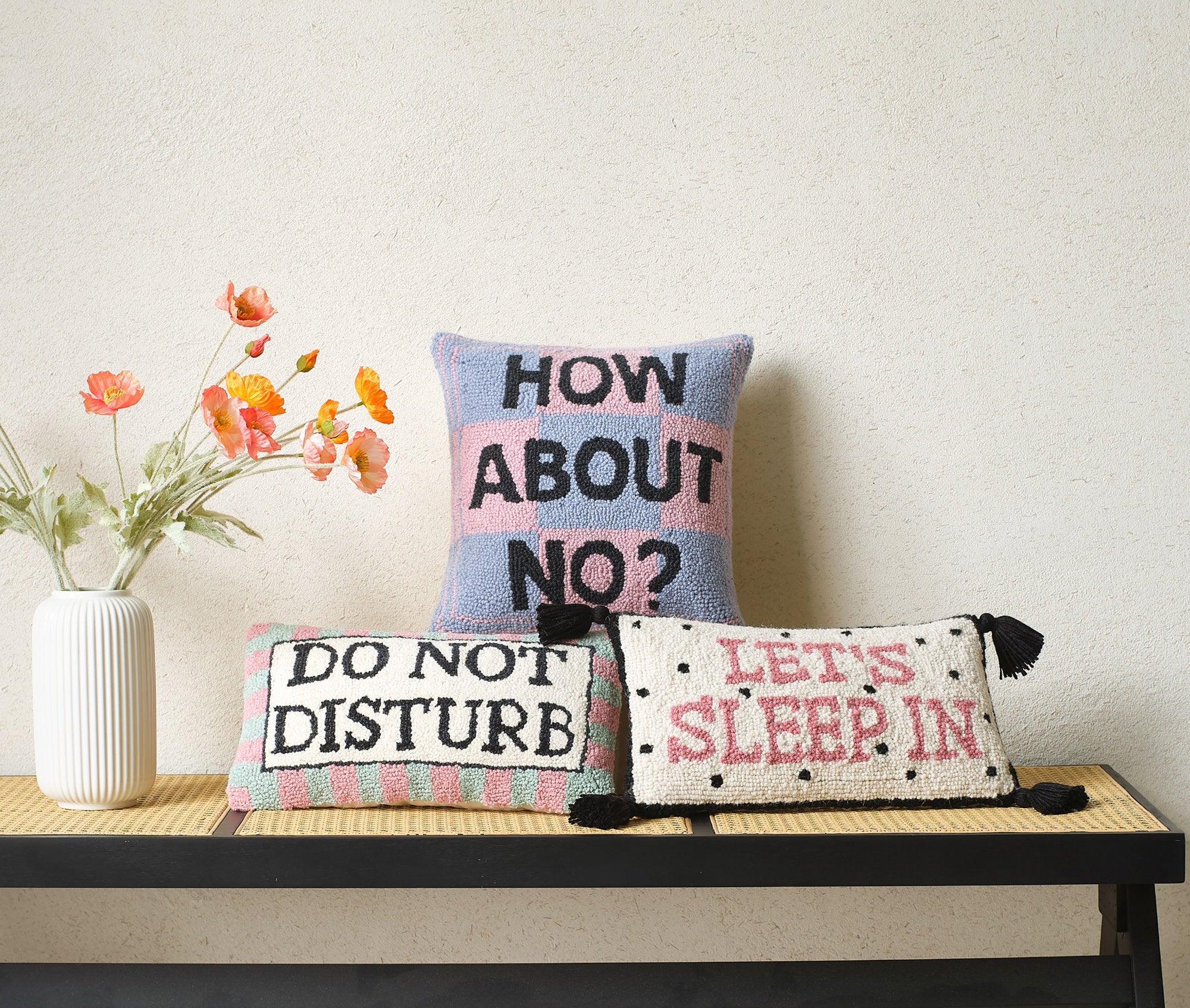How About No Hooked Wool Throw Pillow shown alongside other designs in the same collection, 14x14 inch