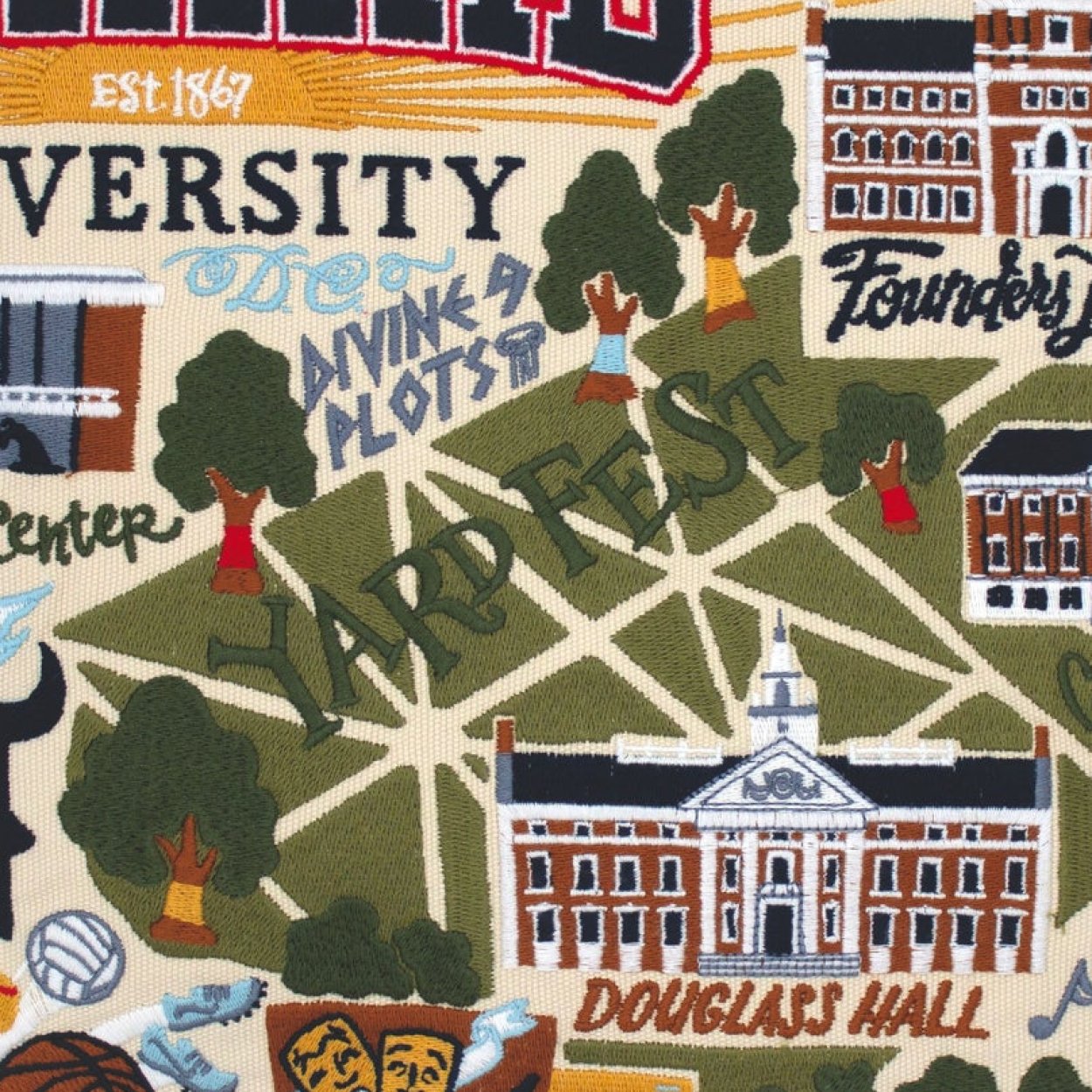 Close-up embroidery detail of the Howard University Bison Embroidered College Pillow