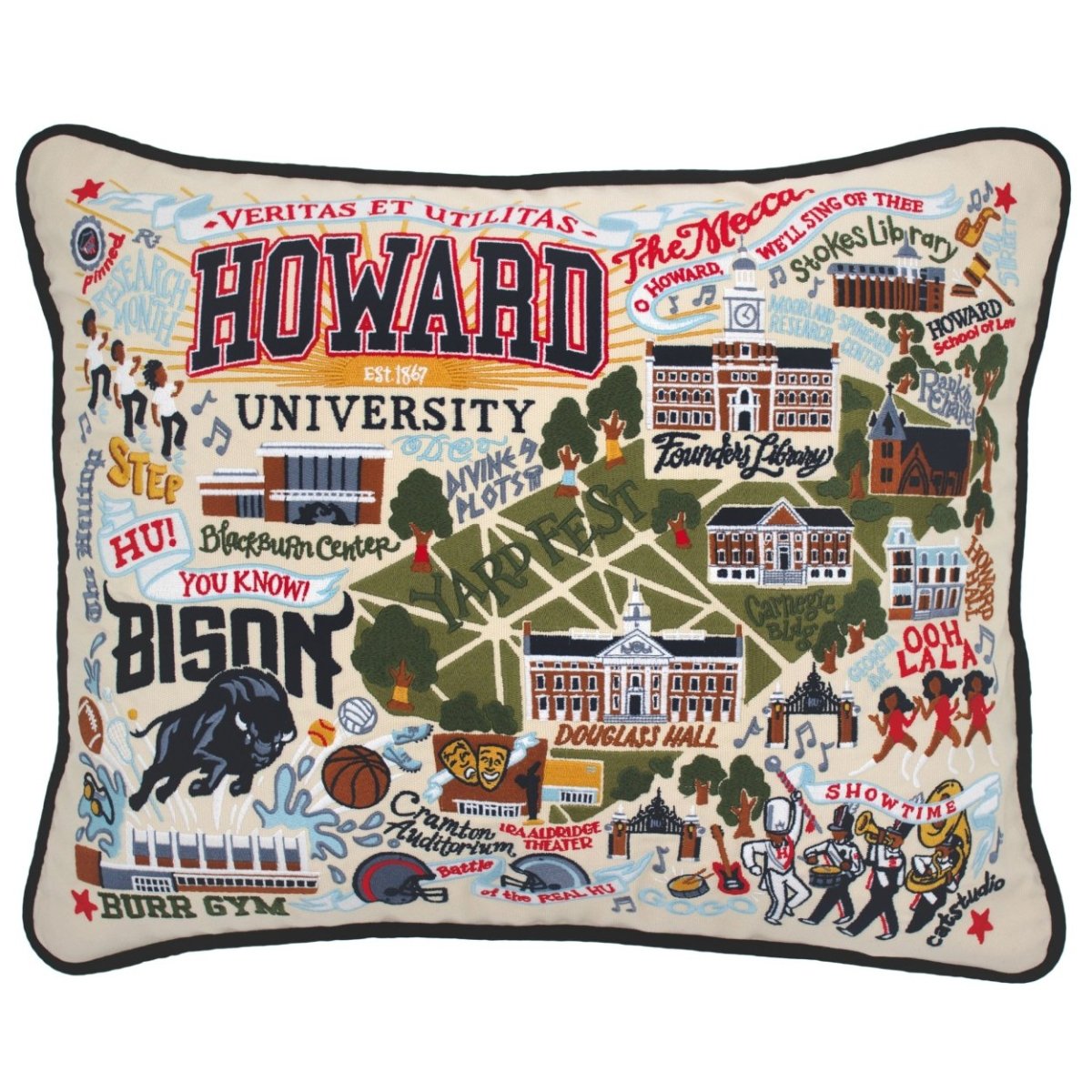 Howard University Bison hand-embroidered throw pillow featuring school colors and campus landmarks