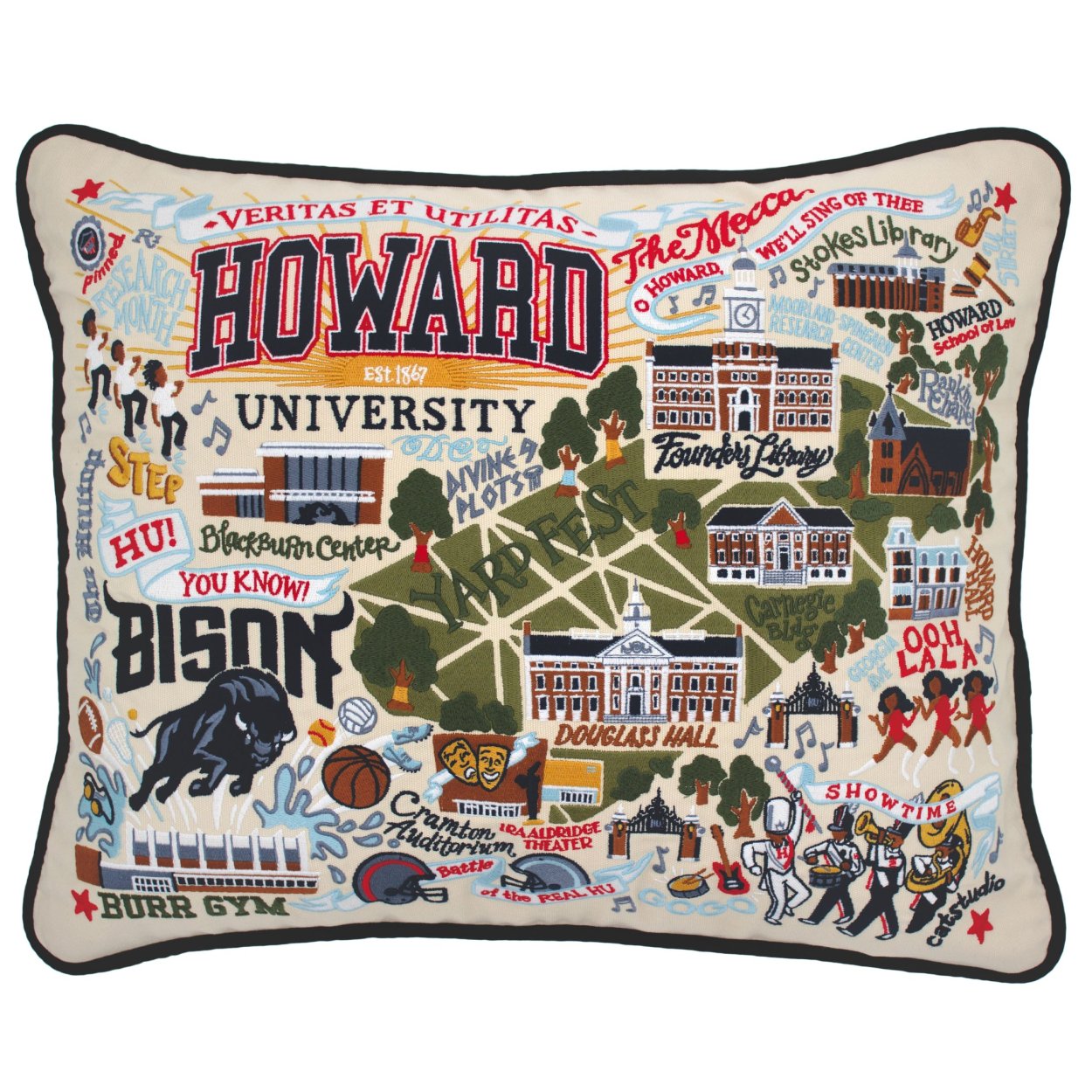 Howard University Bison hand-embroidered throw pillow featuring school colors and campus landmarks