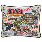 Howard University Bison hand-embroidered throw pillow featuring school colors and campus landmarks