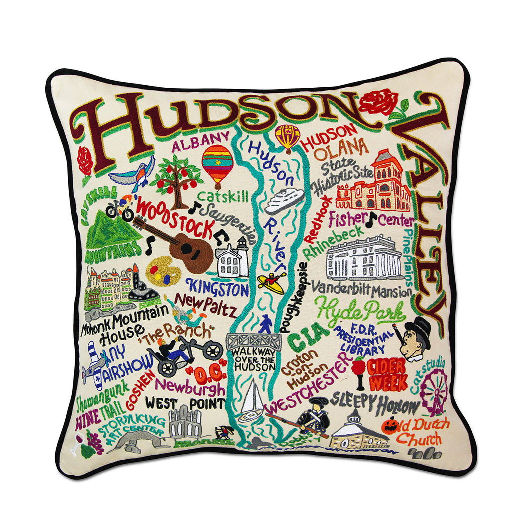 Hudson Valley Scenic embroidered throw pillow with scenic views.